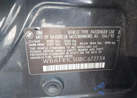 2011 BMW 528I from USA, damaged, VIN WBAFR1C50BC672734